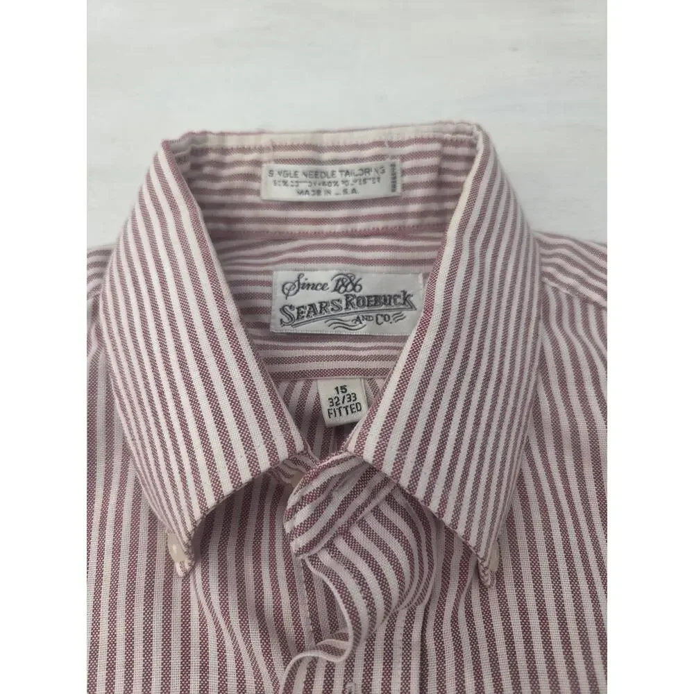 Vtg Sears Roebuck Shirt Mens 15 32/33 Button Up Red White Stripe Made USA